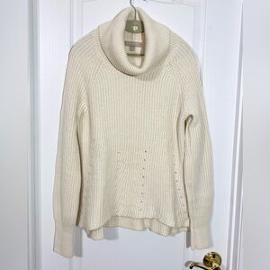 Banana Republic Italian Yarn Merino Wool Blend Pointelle Cowl Neck Sweater Cream